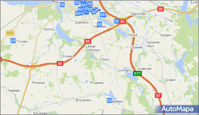 mapa Cibory gmina Ostróda, Cibory gmina Ostróda na mapie Targeo