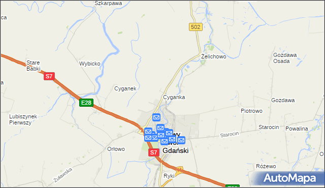 mapa Cyganka gmina Nowy Dwór Gdański, Cyganka gmina Nowy Dwór Gdański na mapie Targeo