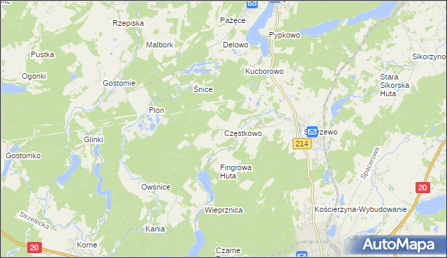 mapa Częstkowo gmina Kościerzyna, Częstkowo gmina Kościerzyna na mapie Targeo