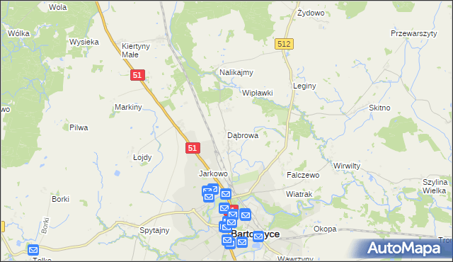 mapa Dąbrowa gmina Bartoszyce, Dąbrowa gmina Bartoszyce na mapie Targeo