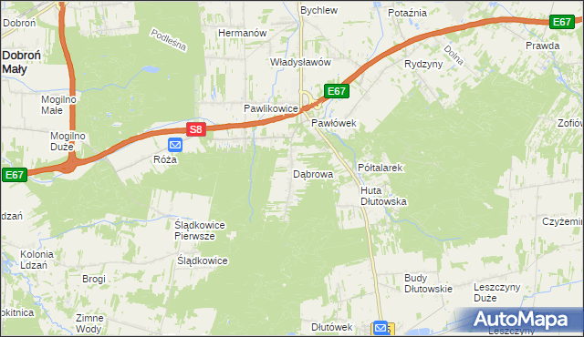 mapa Dąbrowa gmina Dłutów, Dąbrowa gmina Dłutów na mapie Targeo