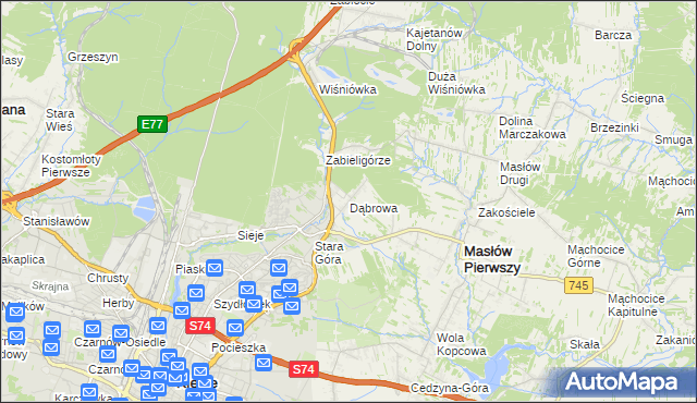 mapa Dąbrowa gmina Masłów, Dąbrowa gmina Masłów na mapie Targeo