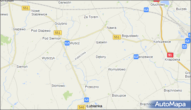 mapa Dębiny gmina Łubianka, Dębiny gmina Łubianka na mapie Targeo