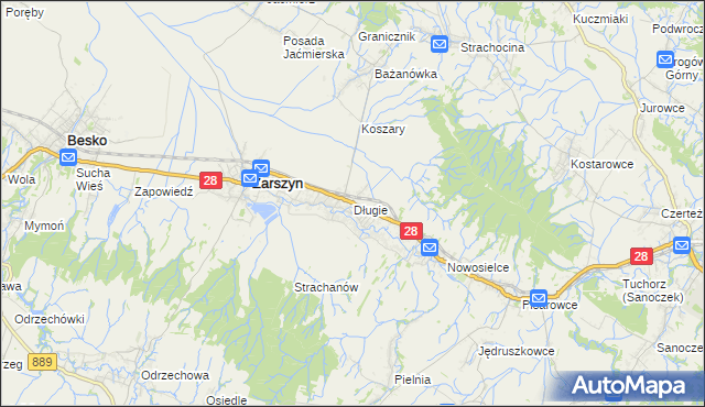 mapa Długie gmina Zarszyn, Długie gmina Zarszyn na mapie Targeo