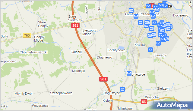 mapa Dłużniewo gmina Łomża, Dłużniewo gmina Łomża na mapie Targeo