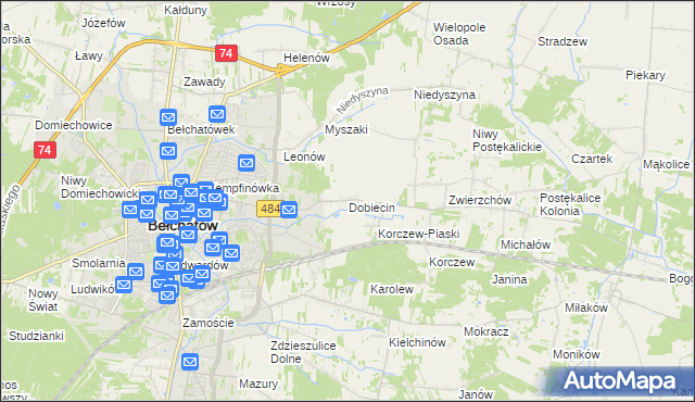 mapa Dobiecin gmina Bełchatów, Dobiecin gmina Bełchatów na mapie Targeo