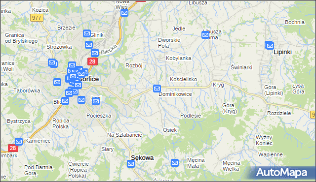 mapa Dominikowice gmina Gorlice, Dominikowice gmina Gorlice na mapie Targeo