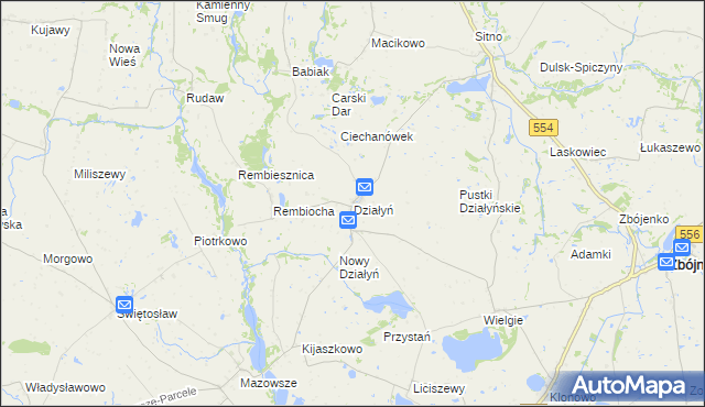 mapa Działyń gmina Zbójno, Działyń gmina Zbójno na mapie Targeo