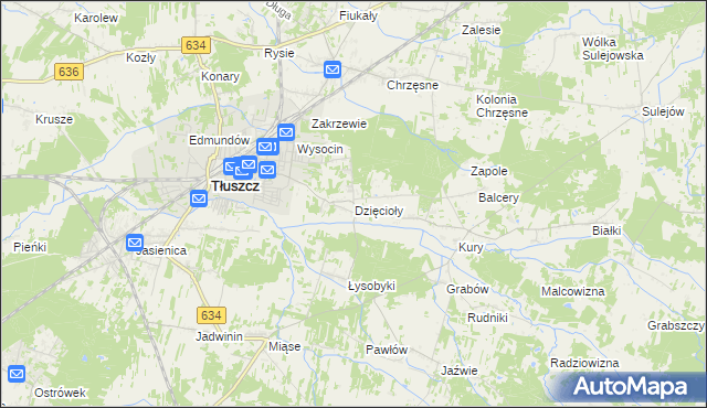 mapa Dzięcioły gmina Tłuszcz, Dzięcioły gmina Tłuszcz na mapie Targeo
