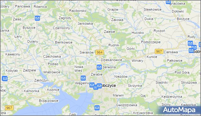 mapa Dziekanowice gmina Dobczyce, Dziekanowice gmina Dobczyce na mapie Targeo