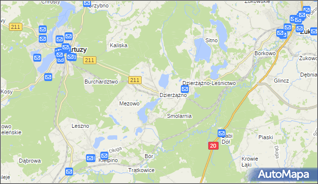 mapa Dzierżążno gmina Kartuzy, Dzierżążno gmina Kartuzy na mapie Targeo