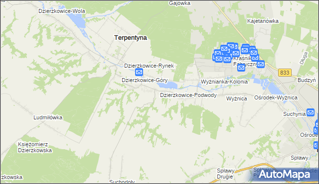 mapa Dzierzkowice-Podwody, Dzierzkowice-Podwody na mapie Targeo