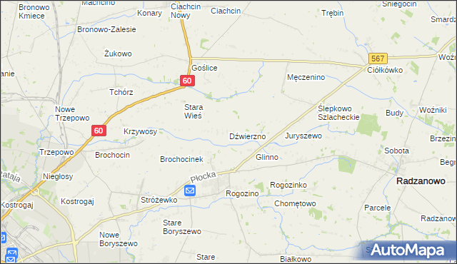 mapa Dźwierzno gmina Radzanowo, Dźwierzno gmina Radzanowo na mapie Targeo