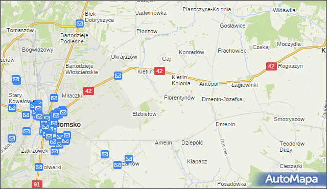 mapa Florentynów gmina Kodrąb, Florentynów gmina Kodrąb na mapie Targeo