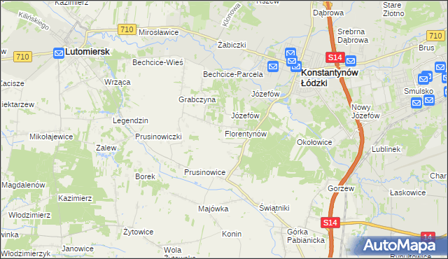 mapa Florentynów gmina Lutomiersk, Florentynów gmina Lutomiersk na mapie Targeo