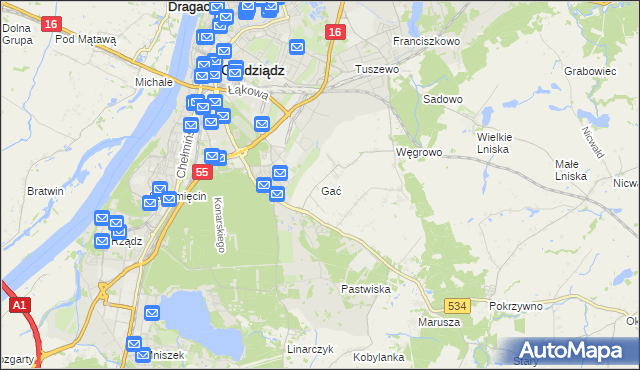 mapa Gać gmina Grudziądz, Gać gmina Grudziądz na mapie Targeo