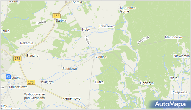 mapa Gębice gmina Czarnków, Gębice gmina Czarnków na mapie Targeo