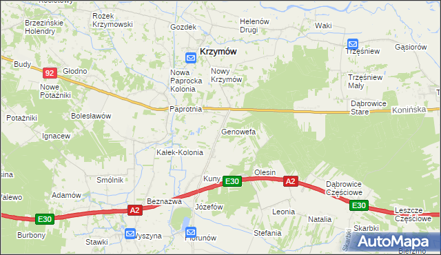 mapa Genowefa gmina Krzymów, Genowefa gmina Krzymów na mapie Targeo