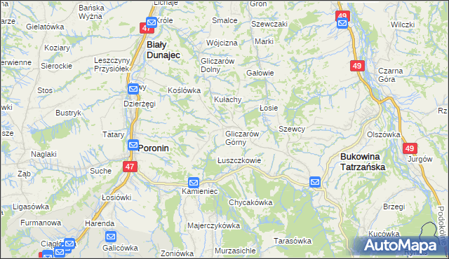 mapa Gliczarów Górny, Gliczarów Górny na mapie Targeo