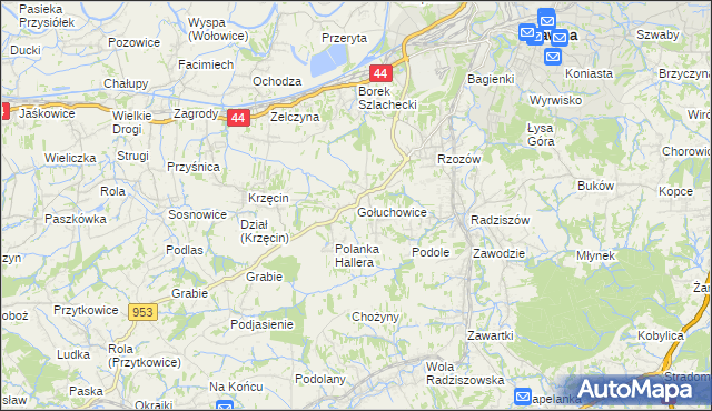 mapa Gołuchowice gmina Skawina, Gołuchowice gmina Skawina na mapie Targeo