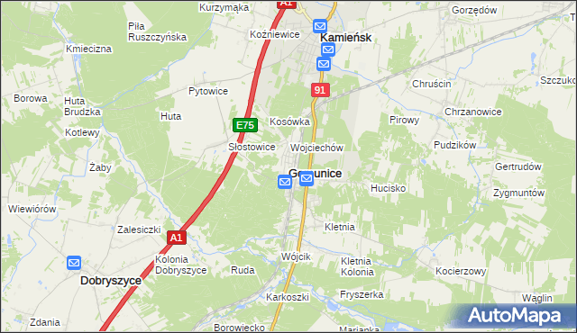 mapa Gomunice, Gomunice na mapie Targeo