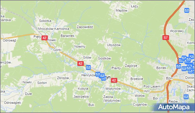 mapa Gostków gmina Bliżyn, Gostków gmina Bliżyn na mapie Targeo
