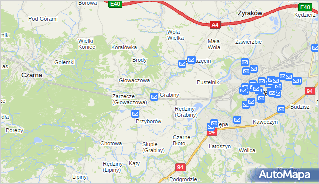 mapa Grabiny gmina Czarna, Grabiny gmina Czarna na mapie Targeo