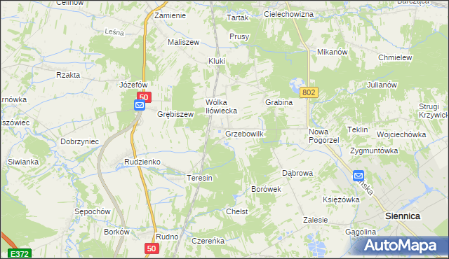 mapa Grzebowilk gmina Siennica, Grzebowilk gmina Siennica na mapie Targeo