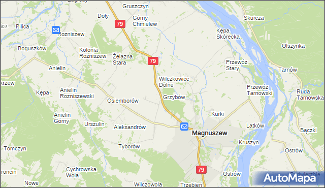 mapa Grzybów gmina Magnuszew, Grzybów gmina Magnuszew na mapie Targeo