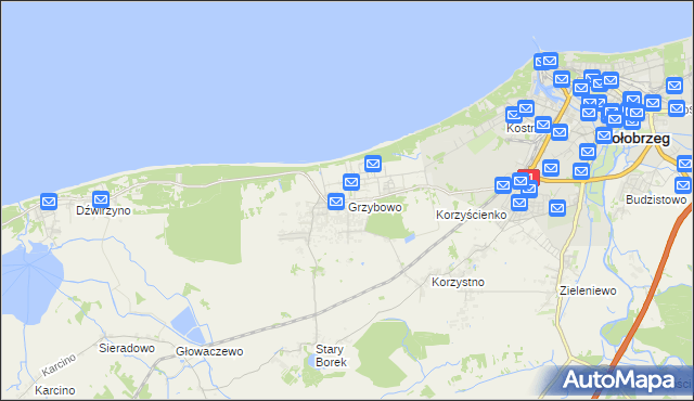 mapa Grzybowo gmina Kołobrzeg, Grzybowo gmina Kołobrzeg na mapie Targeo
