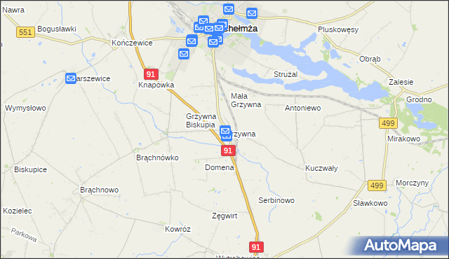 mapa Grzywna gmina Chełmża, Grzywna gmina Chełmża na mapie Targeo