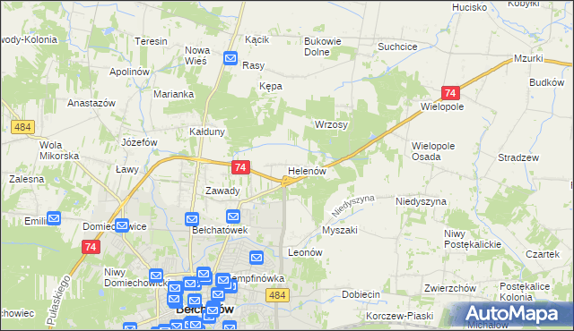 mapa Helenów gmina Bełchatów, Helenów gmina Bełchatów na mapie Targeo