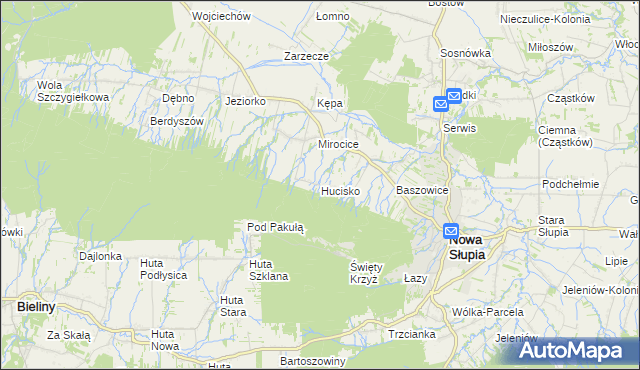 mapa Hucisko gmina Nowa Słupia, Hucisko gmina Nowa Słupia na mapie Targeo