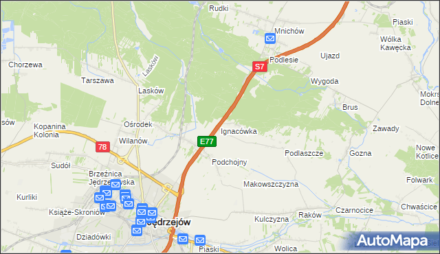 mapa Ignacówka gmina Jędrzejów, Ignacówka gmina Jędrzejów na mapie Targeo