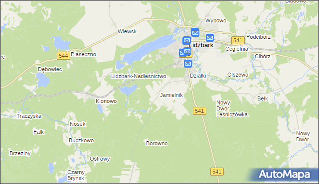 mapa Jamielnik gmina Lidzbark, Jamielnik gmina Lidzbark na mapie Targeo