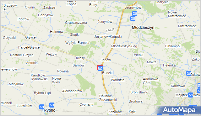 mapa Janów gmina Młodzieszyn, Janów gmina Młodzieszyn na mapie Targeo