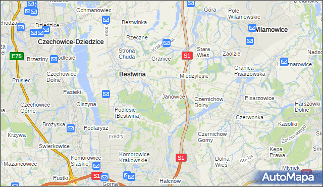 mapa Janowice gmina Bestwina, Janowice gmina Bestwina na mapie Targeo