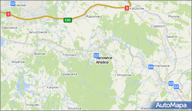 mapa Janowice Wielkie, Janowice Wielkie na mapie Targeo