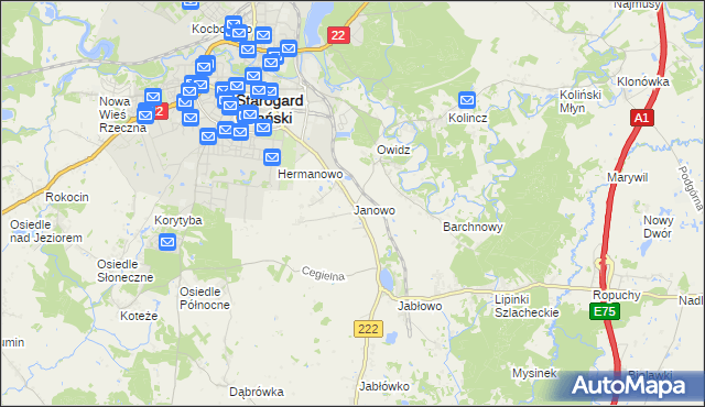 mapa Janowo gmina Starogard Gdański, Janowo gmina Starogard Gdański na mapie Targeo