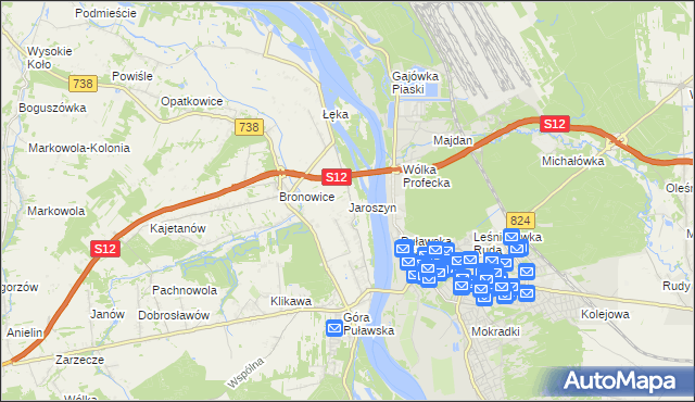 mapa Jaroszyn gmina Puławy, Jaroszyn gmina Puławy na mapie Targeo