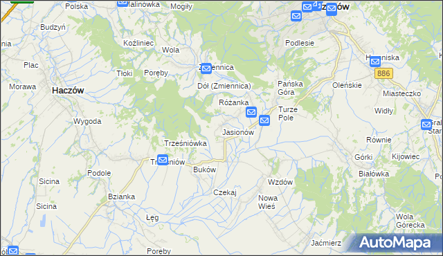mapa Jasionów gmina Haczów, Jasionów gmina Haczów na mapie Targeo