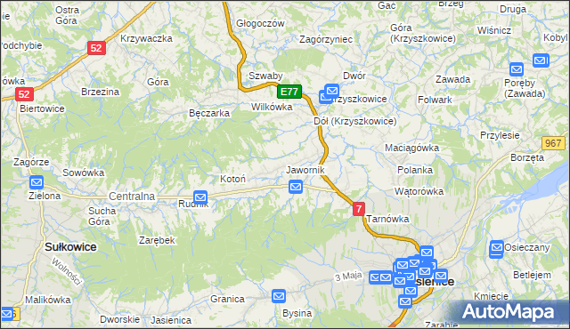 mapa Jawornik gmina Myślenice, Jawornik gmina Myślenice na mapie Targeo