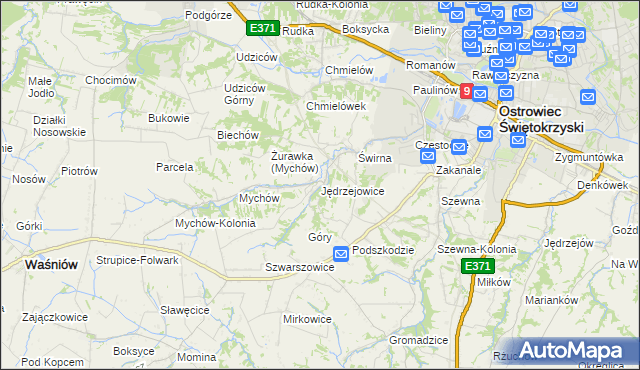 mapa Jędrzejowice gmina Bodzechów, Jędrzejowice gmina Bodzechów na mapie Targeo