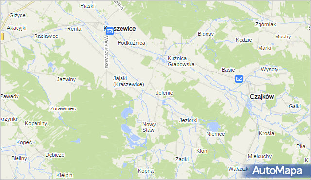 mapa Jelenie gmina Kraszewice, Jelenie gmina Kraszewice na mapie Targeo
