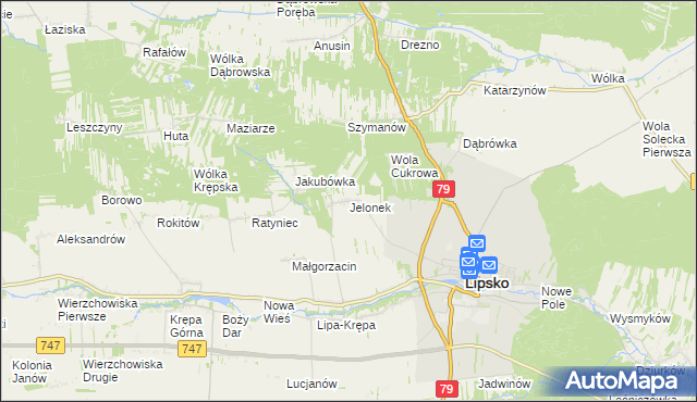 mapa Jelonek gmina Lipsko, Jelonek gmina Lipsko na mapie Targeo