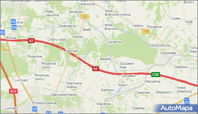 mapa Jeżewo gmina Zgierz, Jeżewo gmina Zgierz na mapie Targeo