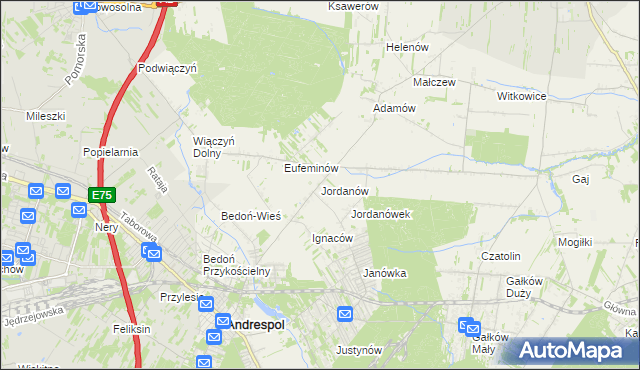 mapa Jordanów gmina Brzeziny, Jordanów gmina Brzeziny na mapie Targeo