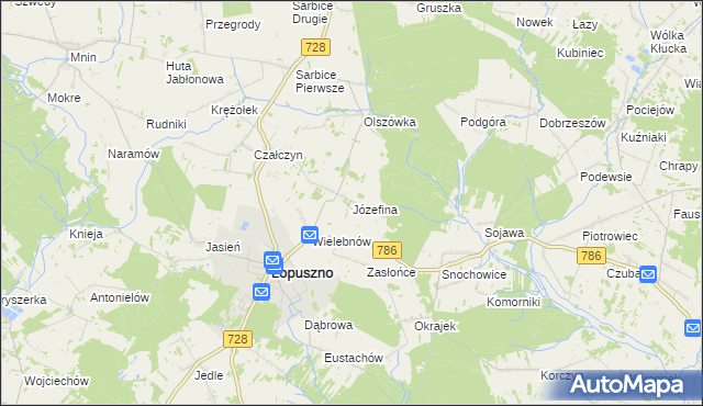 mapa Józefina gmina Łopuszno, Józefina gmina Łopuszno na mapie Targeo