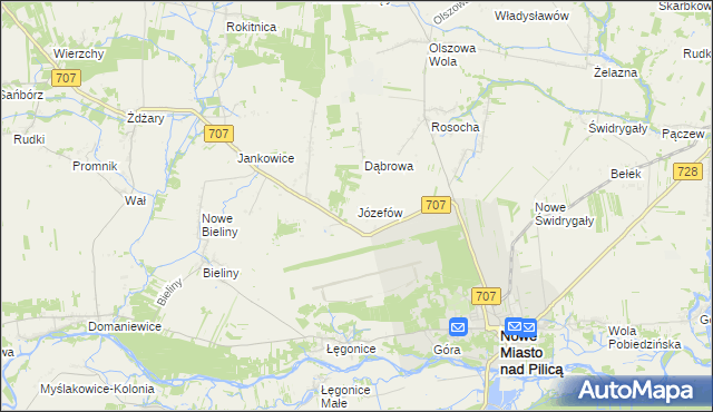 mapa Józefów gmina Nowe Miasto nad Pilicą, Józefów gmina Nowe Miasto nad Pilicą na mapie Targeo