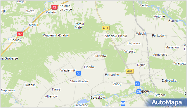 mapa Julianów gmina Lipie, Julianów gmina Lipie na mapie Targeo